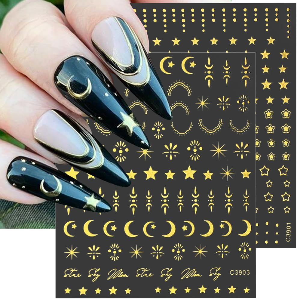 8 feuilles d'autocollants pour ongles dorés, lune et étoiles, ailes d'ange, autocollants pour ongles dorés, feuilles d'étoiles, autocollants pour ongles, accessoires de conception d'ongles, autocollants pour ongles