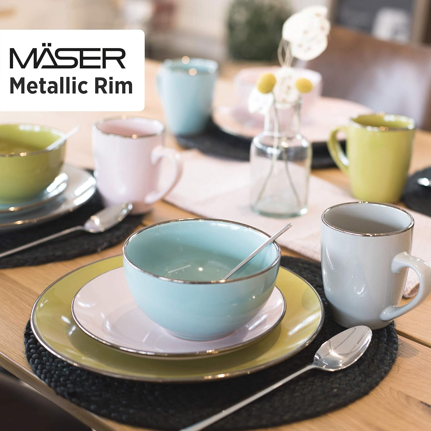MÄSER Metallic Rim, Modernes Geschirr Set Für 4 Personen Mit Messingfarbenem Rand, 16-Teiliges Kombiservice Mit Randlosen Coupe-Formen, Steinzeug, Grau Vaisselle Naty Shop