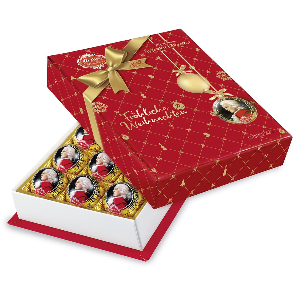 Reber Authentiques Boules Mozart Édition Noël Pralines Au Chocolat Noir Massepain Nougat Idéal Cadeau De Noël Pack de 12