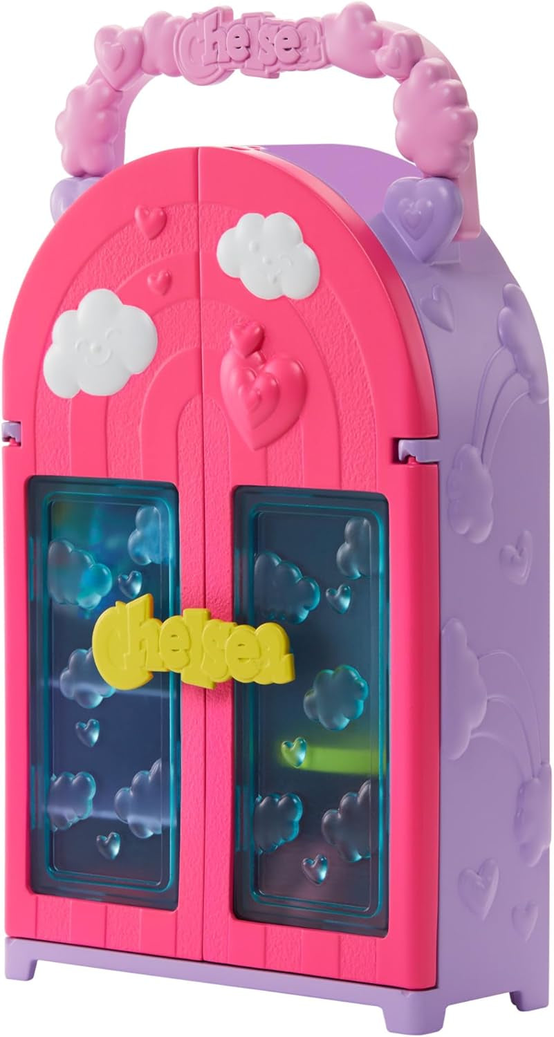 Barbie Chelsea Puppe und Kleiderschrank-Spielset mit Kleidung und Accessoires, 17-teiliges Set, faltbar zum Spielen für unterwegs und zum Verstauen, HXN03