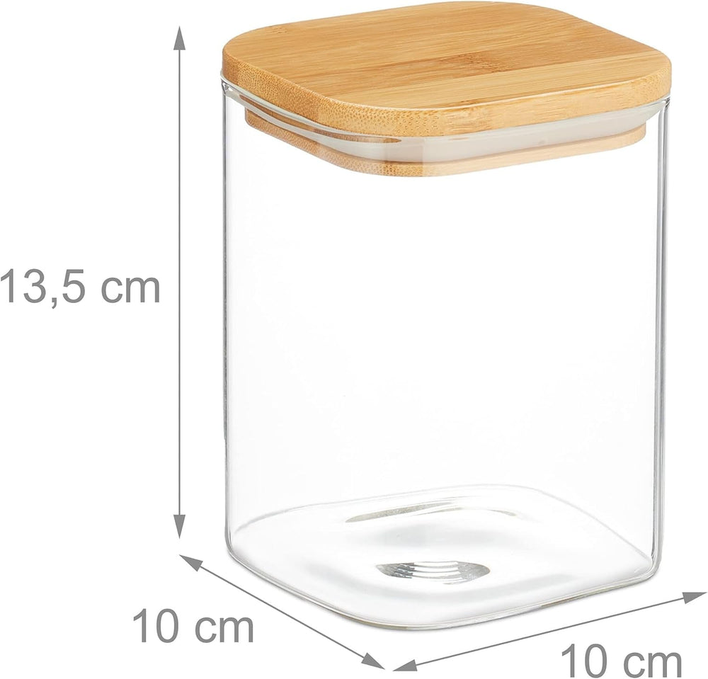 Pots de conservation Relaxdays avec couvercles en bambou lot de 3 bocaux carrés en verre 900 ml étanches boîtes de conservation alimentaires transparentes/naturelles Naty Shop