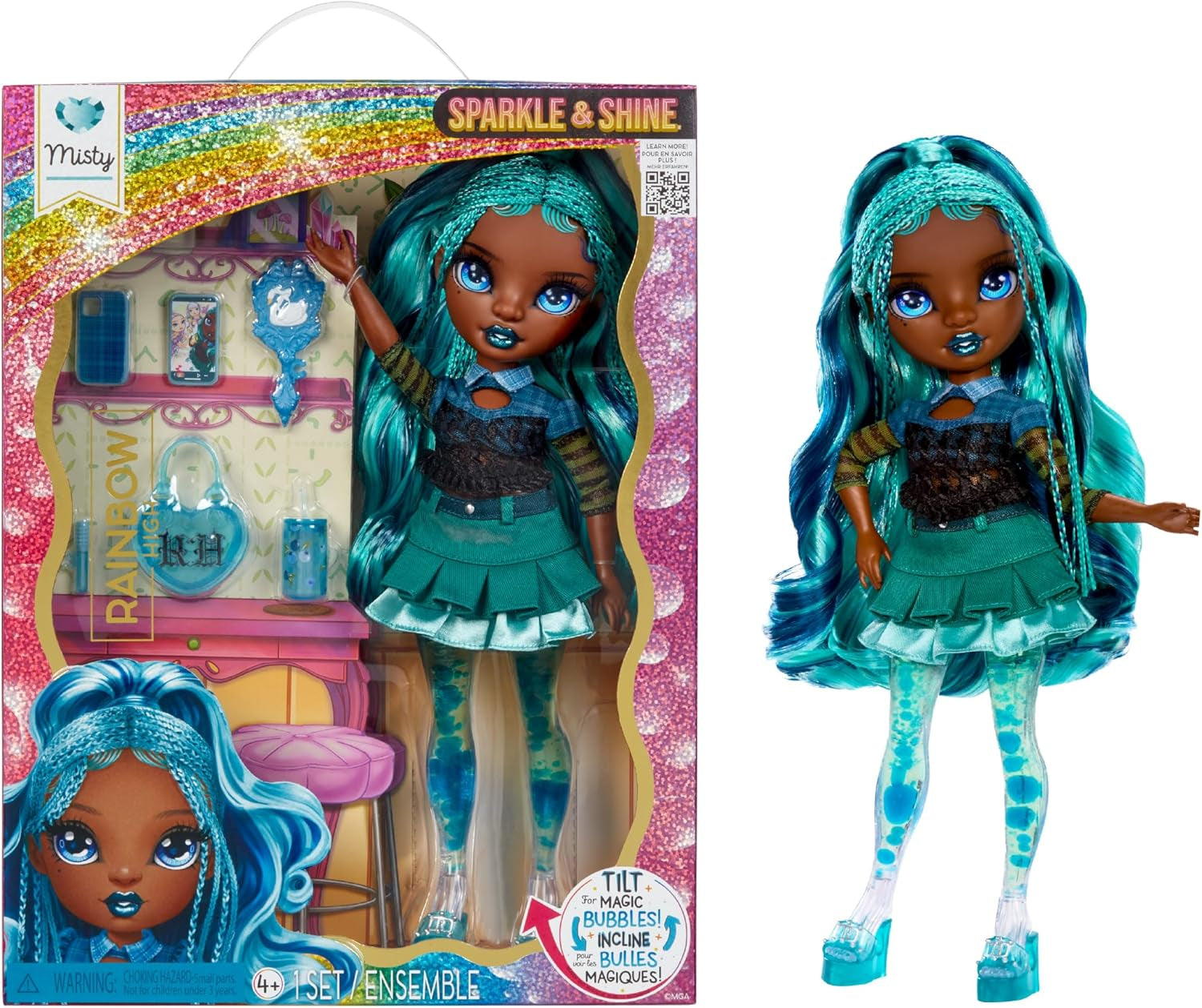 Poupée Rainbow High Sparkle & Shine - Misty - Poupée tendance de 28 cm avec cheveux turquoise et bulles magiques debout colorée, s'habiller et jouer à collectionner pour 4 à 12 ans
