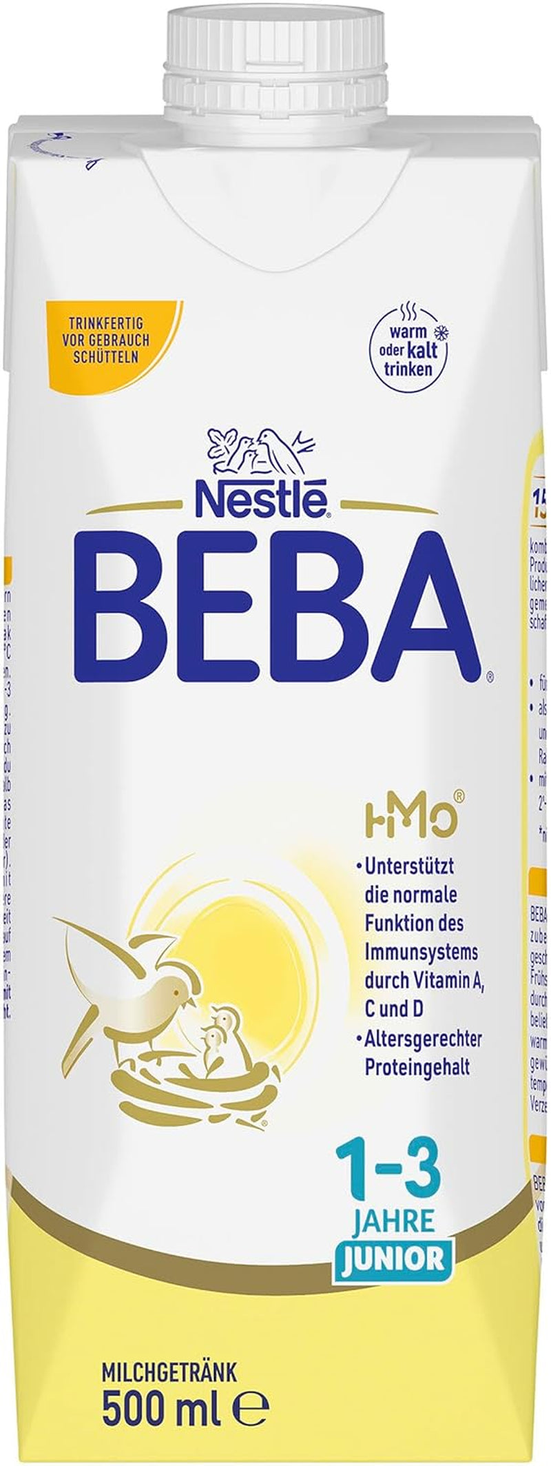 BEBA Junior Boisson lactée prête à boire 1-3 ans, avec HMO, teneur en protéines adaptée à l'âge, sans huile de palme, sans huile de poisson, nourriture pour tout-petits, paquet de 12 (12 x 500 ml)