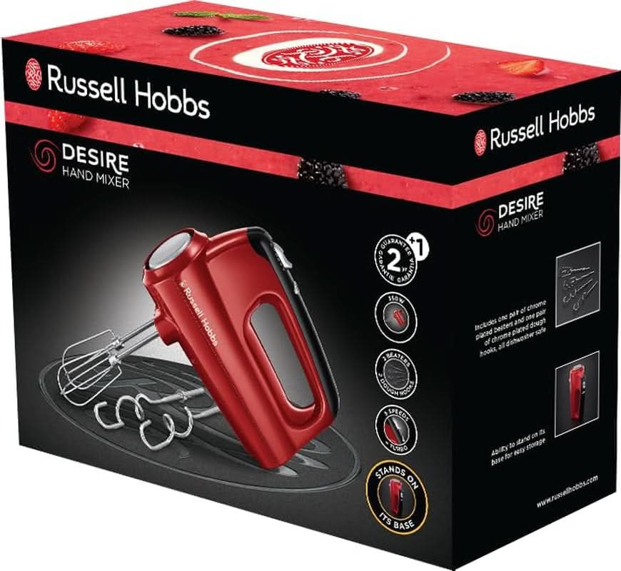 Russell Hobbs Mélangeur à main [Handrührgerät] Desire Rot (5 Geschwindigkeitsstufen+Turbofunktion, 2 Spülmaschinengeeignete Rührbesen & Knethaken, Auswurftaste, Aufrechte Parkposition) Handrührer 24670-56 Kitchen Naty Shop