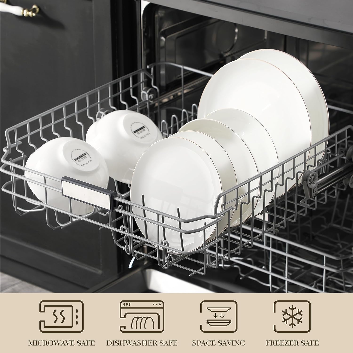 MALACASA Service de table pour 4 personnes en porcelaine tendre, service de table 16 pièces rond blanc avec bord doré, ensemble combiné de 4 assiettes plates, 4 assiettes à dessert, 4 assiettes Suma et 4 bols à céréales Série NORI