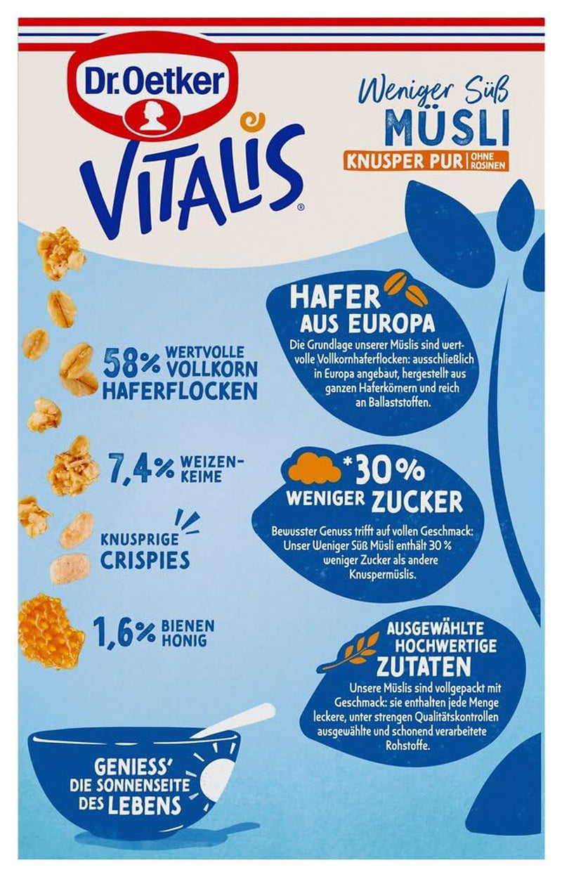 Dr. Oetker Vitalis Less Sweet Crunchy Pure : Muesli croquant avec 30 % de sucre en moins, paquet de 5 (5 x 600 g)