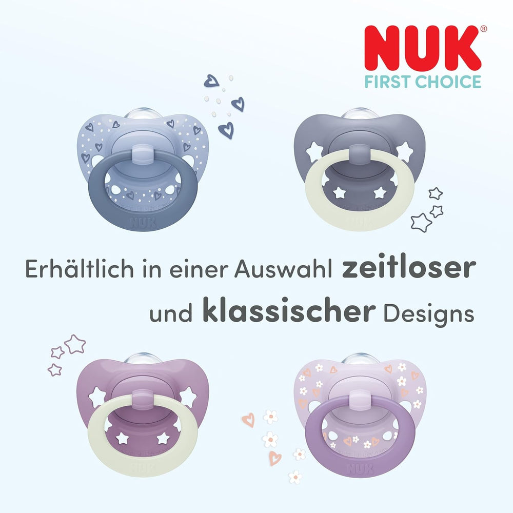 NUK First Choice Sucettes classiques jour et nuit pour bébés | 6-18 mois | Sucettes orthodontiques qui brillent dans le noir | 95 % d'acceptation par les bébés** | Bleu | Paquet de 2