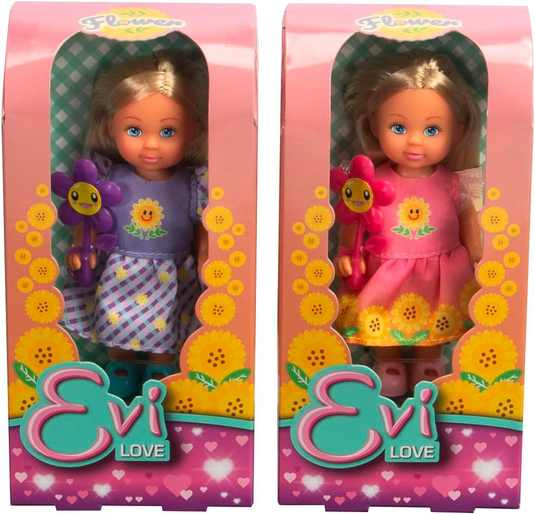 Simba Evi Love Flowers, 2-Fach Sortiert, es Wird nur EIN Artikel geliefert, Puppe in einem süßen Blumenkleid mit Blume, 12cm Spielpuppe, ab 3 Jahren