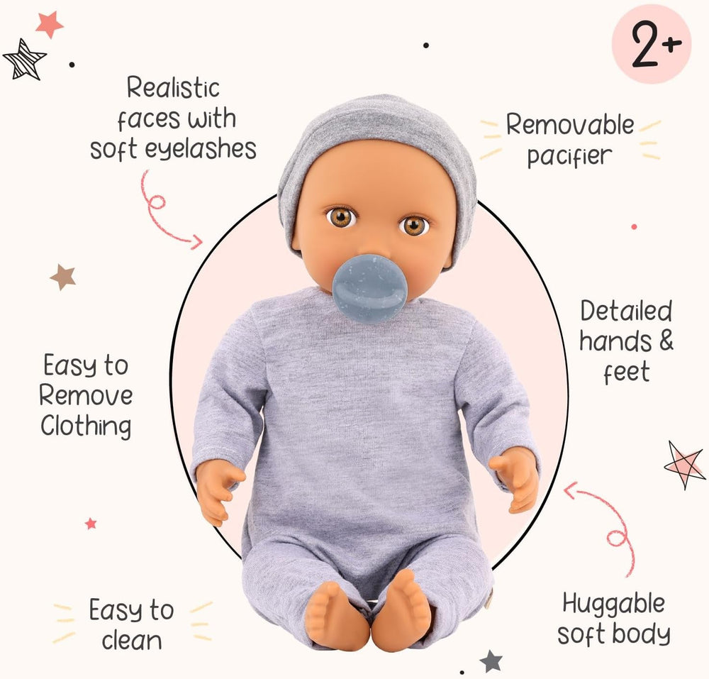 LullaBaby - Baby Puppe - Einteiler & Mütze - 36 cm Realistische Baby-Puppe - Haselnussbraune Augen & weicher Körper - Strampler & Schnuller-Zubehör - Pretend Play Spielzeug - Kinder 2 Jahre +