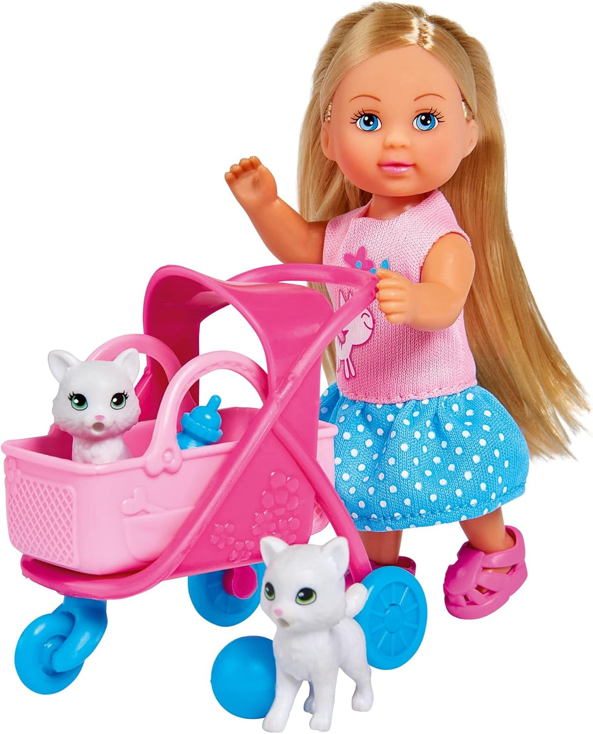 Simba 105733348 - Poussette Evi Love Cat, avec deux chats dans la poussette, sac amovible, accessoires, poupée à habiller, 12 cm, pour enfants à partir de 3 ans