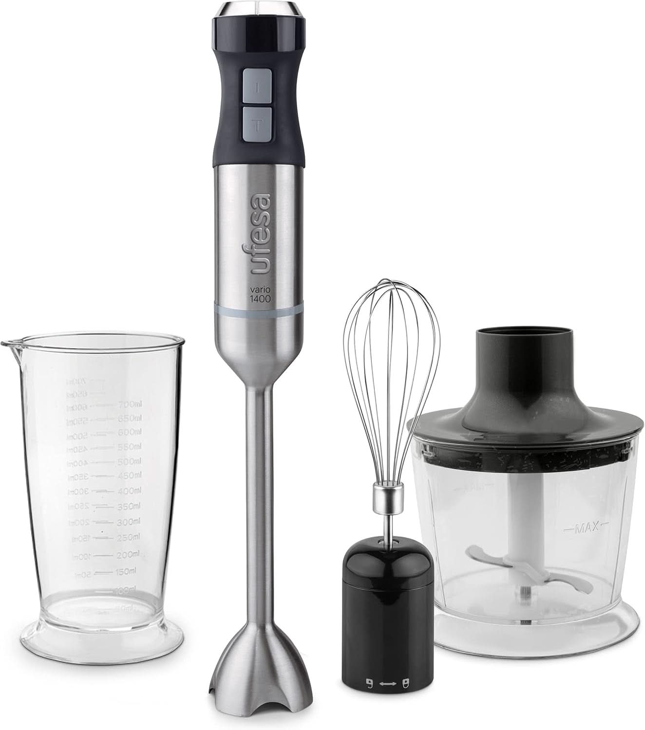 Ufesa Galaxy Max Stabmixer, Leistung 1200 W, 24 Geschwindigkeitsstufen + TURBO, 4 Hocheffiziente Klingen, Ergonomisches Und Spritzwassergeschütztes Design, Zubehör Inklusive, Bpa-Frei Roboti si Mixere Bucatarie Naty Shop 1400W