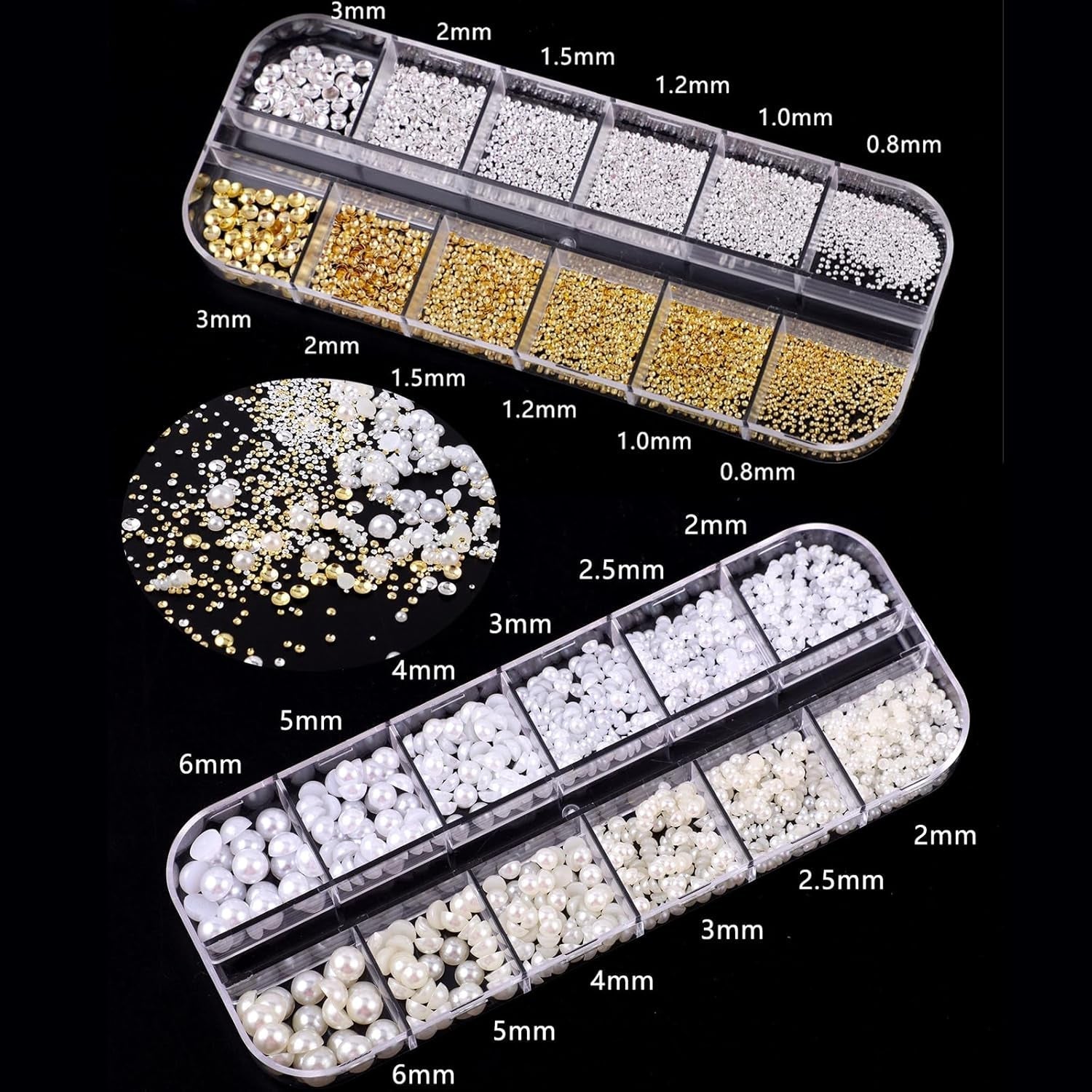 Coffret de 4 porte-clés à ongles – 48 types de porte-clés à ongles 3D dorés et argentés (papillons, fleurs, perles, etc.) + pince à épiler et stylo – pour ongles en gel et acrylique DIY | Idéal pour le salon de manucure et la maison