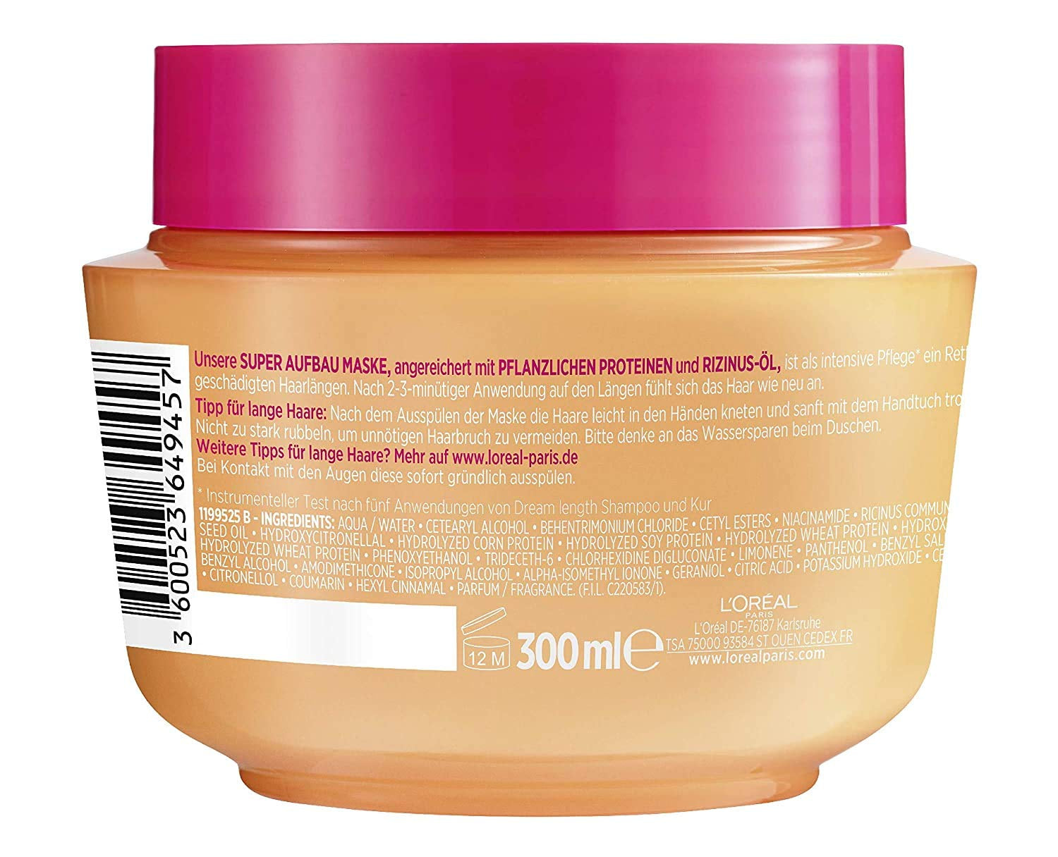 L'Oréal Paris Masque Capillaire Anti Fourches Elvital pour cheveux longs et abîmés, Soin à rinçage intensif, Aux vitamines végétales et à l'huile de ricin, Masque Super Constructeur Dream Longueur, 1 x 300 ml Naty Shop Masque Capillaire