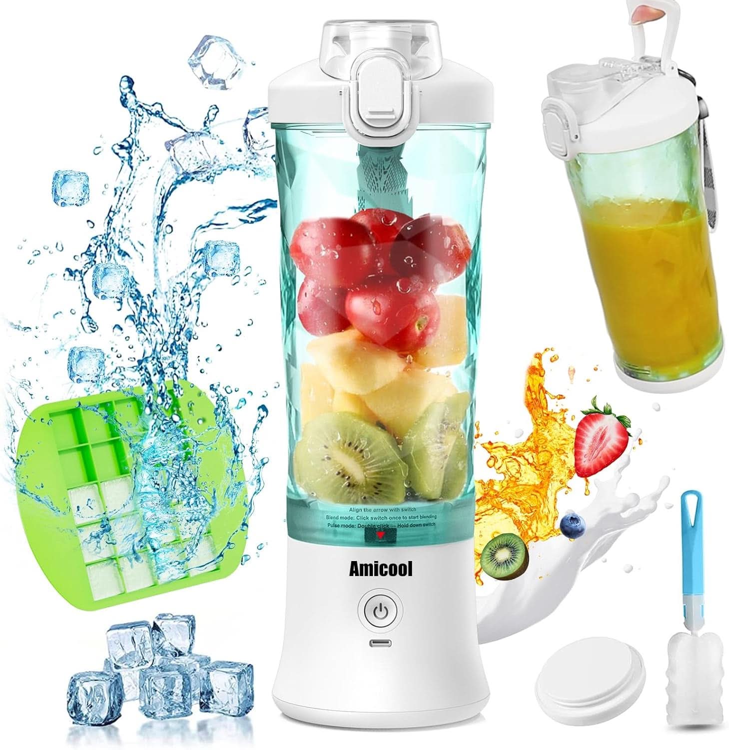 Mixeur Smoothie Maker to Go, Mini batteur sur socle avec 6 couteaux en acier inoxydable, support avec plateau, mélangeur électrique portable USB bouteille de 600 ml, mélangeur Shaker Slushy Maker eau potable Bucatarie Naty Shop