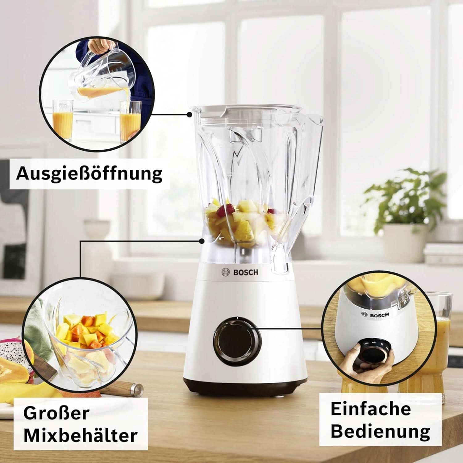 Batteur sur socle Vitapower série 4 MMB6141W, haute puissance en acier inoxydable, 1,5 L Tritan-Mixbehälter, Spülmaschinengeeignete Teile, 30 000 U/Min, 1200 W, blanc mère et enfant Naty Shop