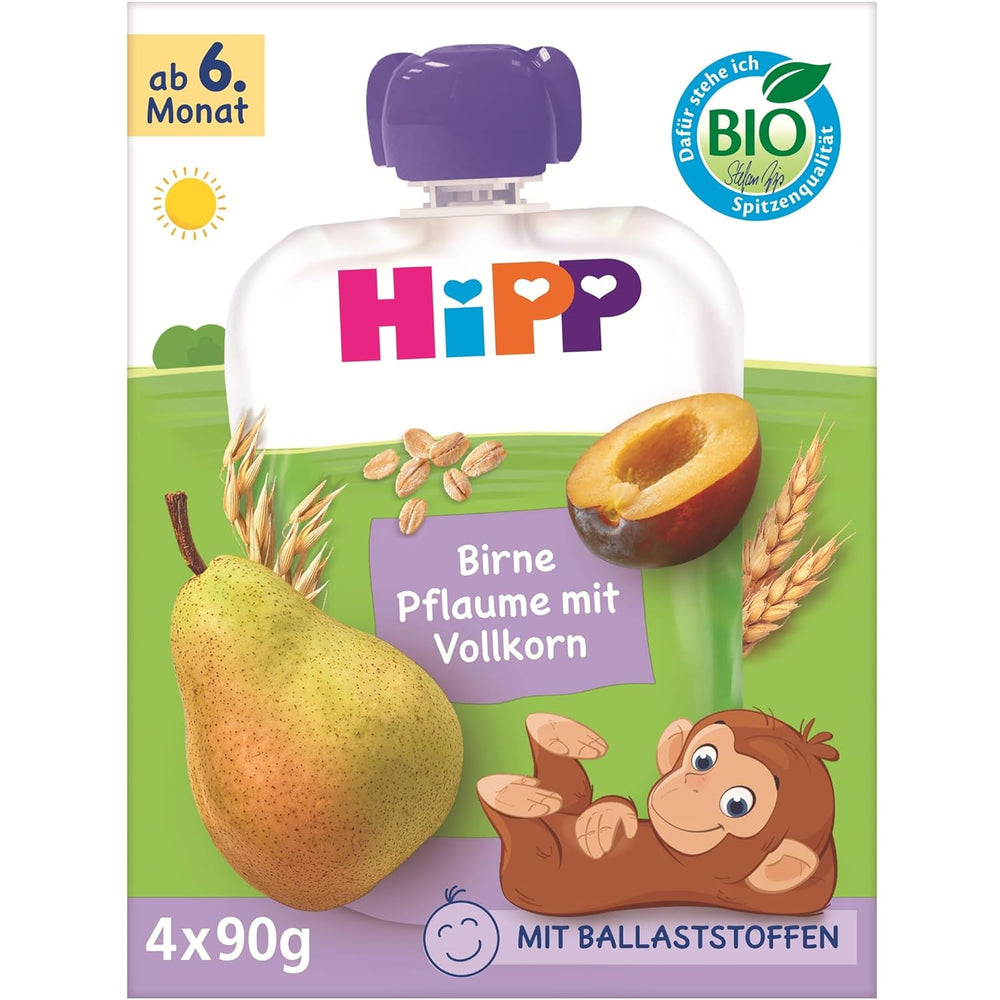 HiPP Sachets de poire et de prune bio, grains entiers, 16 pièces (4 paquets de 4 x 90 g chacun), pour bébés à partir de 6 mois, sans sucre ajouté, végétalien, meilleure qualité biologique