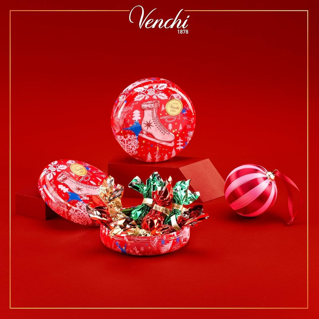 Venchi, Colecție de Crăciun - cutie cadou rotundă cu ciocolată asortată, 86 grame Bomboane de Ciocolata Naty Shop