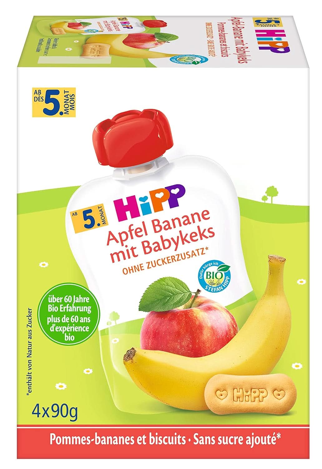Sacs à presser Hipp pour bébés, bouillie de fruits, pêches à la mangue en banane avec avoine, fruits 100% biologiques sans sucre ajouté, 4 x 4 sachets de 90 g Mère et Enfant Naty Shop 4 x 4 sachets de 90 g Banane aux pommes et biscuits pour enfants