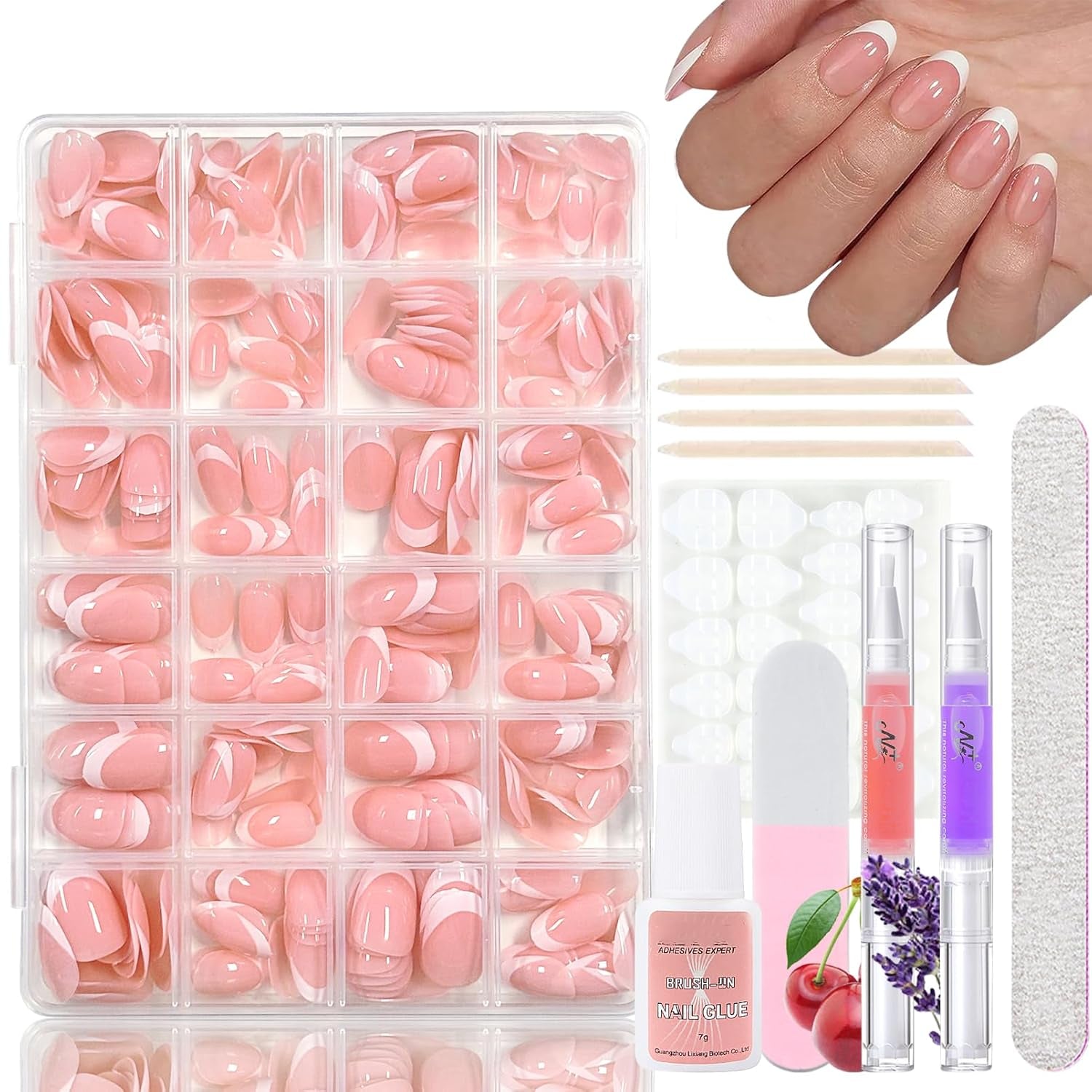 Ensemble de faux ongles ballerine dégradé 360 pièces, ongles artificiels à coller dégradé blanc rose avec 2 stylos à huile pour ongles, faux ongles moyens ombrés pour femmes à faire soi-même