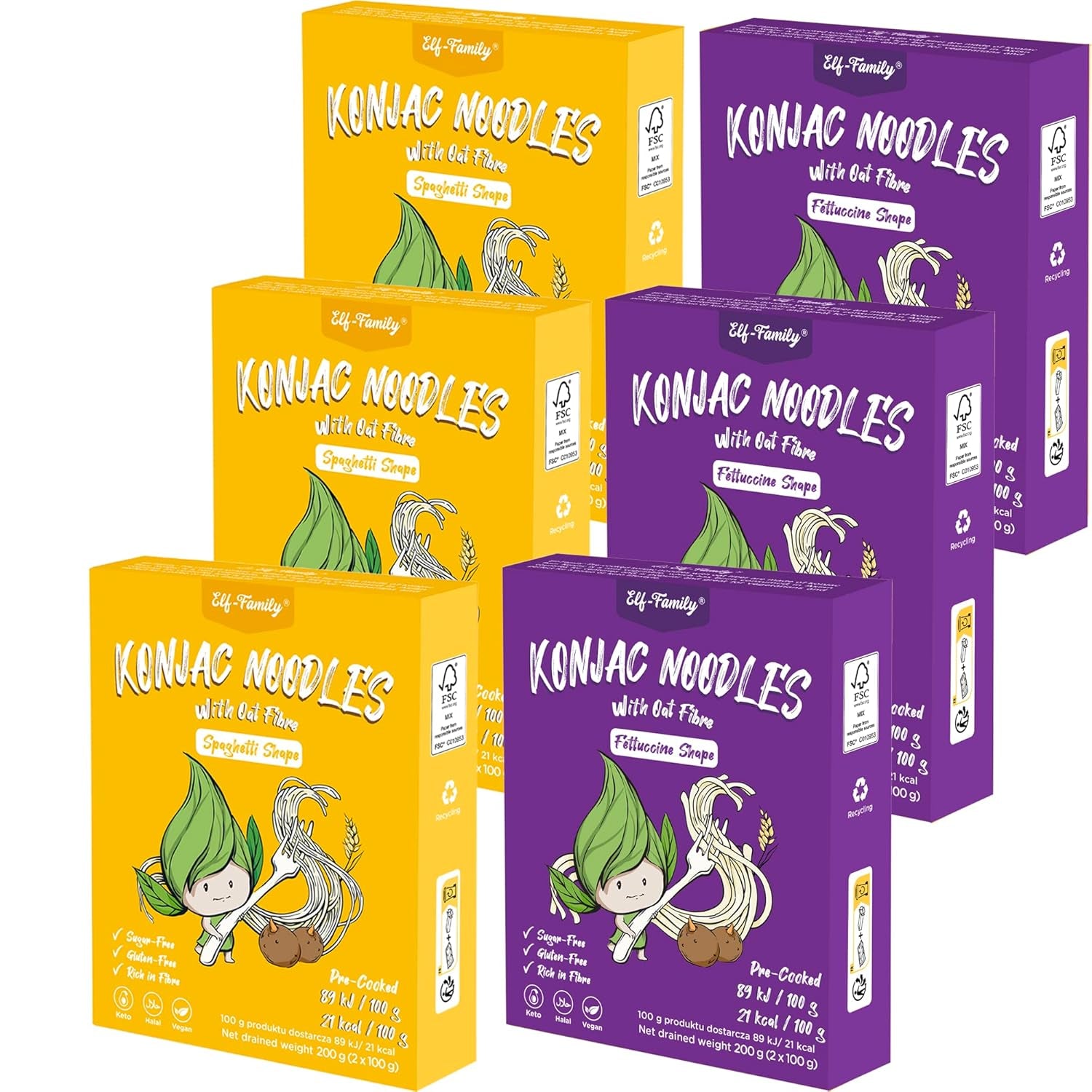 Nouilles Konjac de qualité supérieure de Thaïlande, végétaliennes, sans gluten – 240 g x paquet de 6 (12 paquets), nouilles Shirataki de la famille Elf, nouilles instantanées, pâtes/céto/faible teneur en glucides/faible teneur en calories/sans sucre – Spaghetti et fettuccine