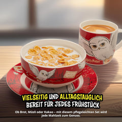 Service de table Harry Potter 3 pièces, rouge, service de petit-déjeuner en porcelaine avec assiette Ø 19 cm, tasse 220 ml et bol 330 ml, service de table