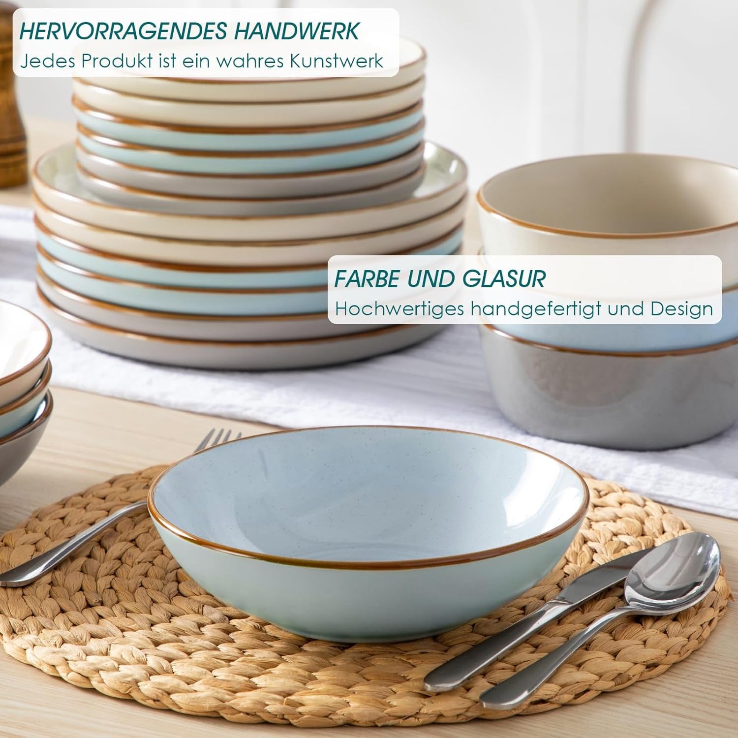 Ensemble de cuisine pour 6 personnes, vancasso RENO 24-tlg Steingut Teller Set Mix, Tafelservice mit je 6 Speiseteller, Dessertteller, Suppenteller, Müslischalen, Spülmaschinenfest & Mikrowellengeeignet, Mehrfarbig