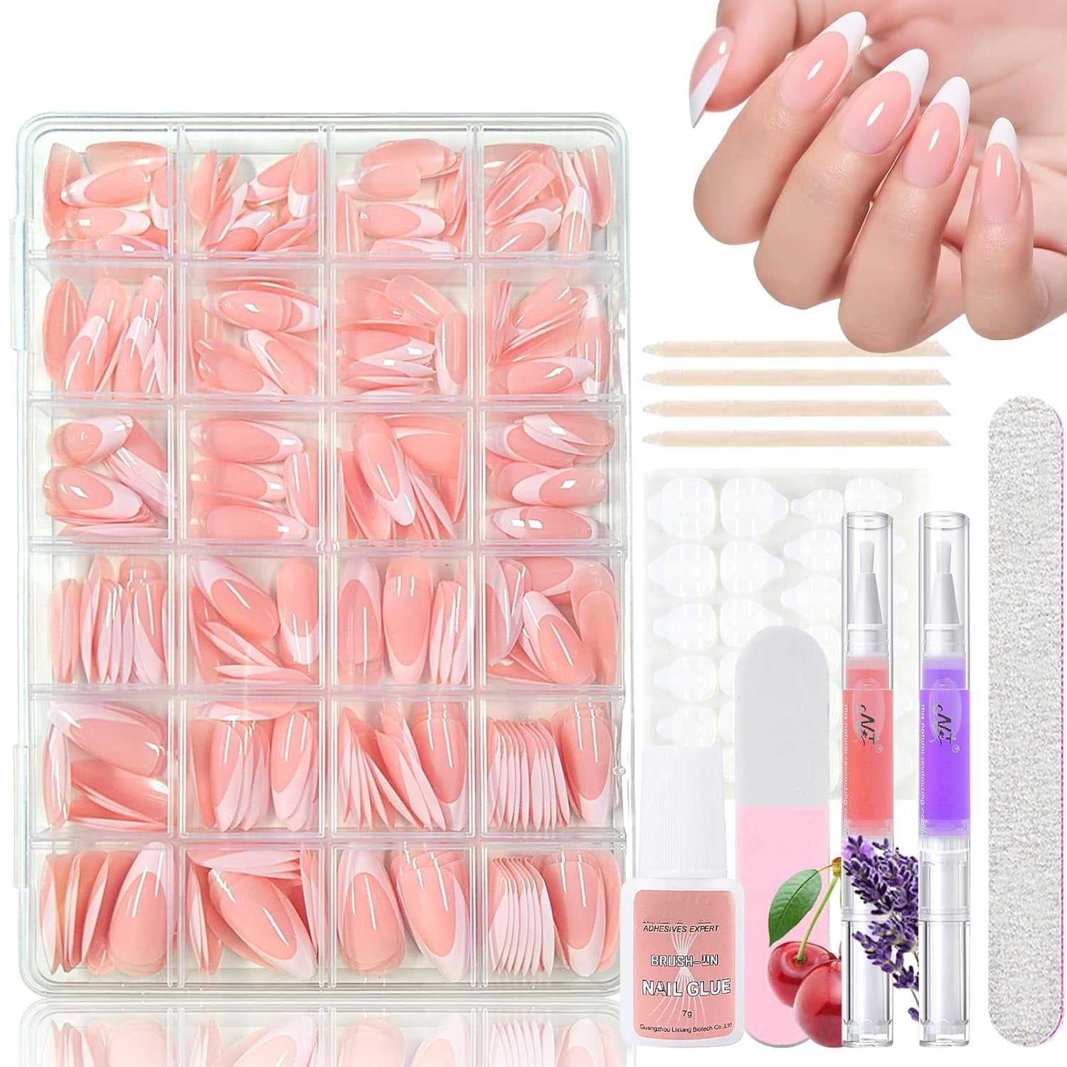 Ensemble de faux ongles ballerine dégradé 360 pièces, ongles artificiels à coller dégradé blanc rose avec 2 stylos à huile pour ongles, faux ongles moyens ombrés pour femmes à faire soi-même