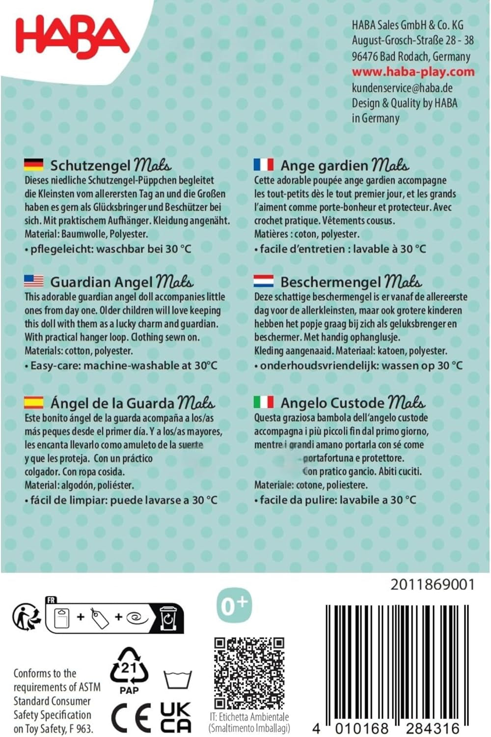 HABA Tapis Ange Gardien - Poupée en tissu peluche (15 cm), cadeau de bienvenue idéal pour bébés et jeunes enfants - lavable à 30°C - 2011869001 Poupées Naty Shop