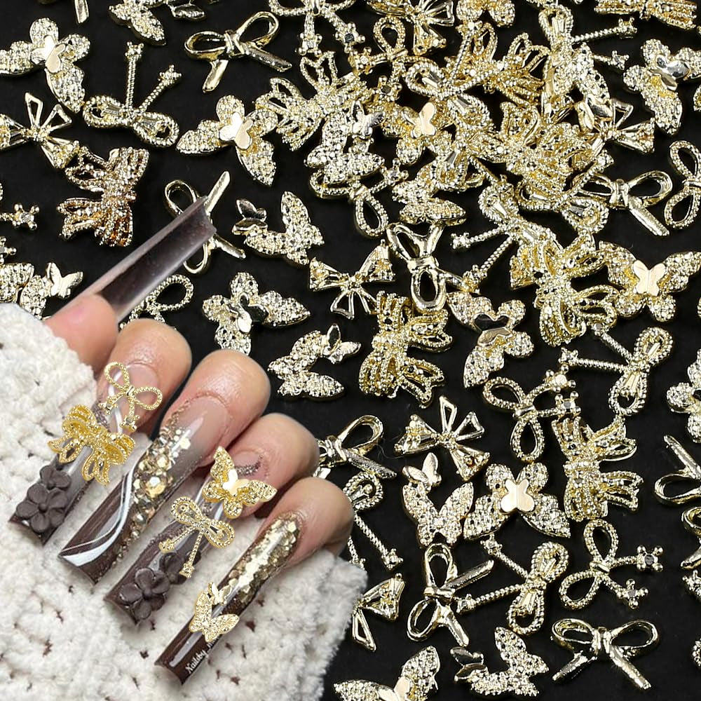 50Stück 3D Gold Bow Nail Charms Butterfly Nail Art Charms Legierung Bogen Nagel Charms Nägel Zubehör Schleife Nagelschmuck Metall Schleifen Schmetterling Nageldesign Nagelanhänger Nailart Strasssteine