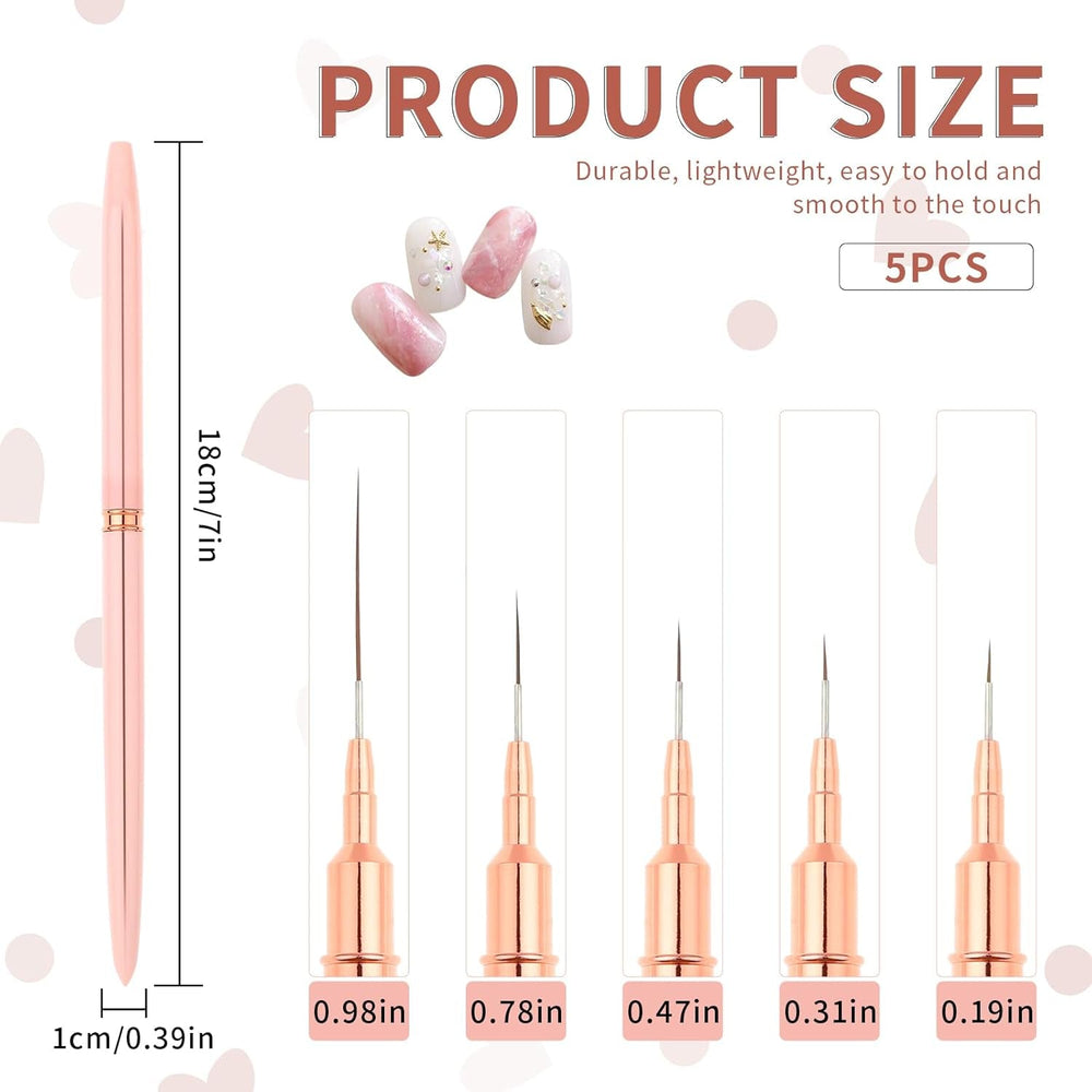 Nail Art Liner-Brush 5-Teiliges Gel-Nagellack-Malerei-Nagel-Punkt-Zeichnungs-Werkzeug für Lange Linien Kunst-Design-Stift-Set Metallgriff Nail-Art-Design-Binsel for Frauen