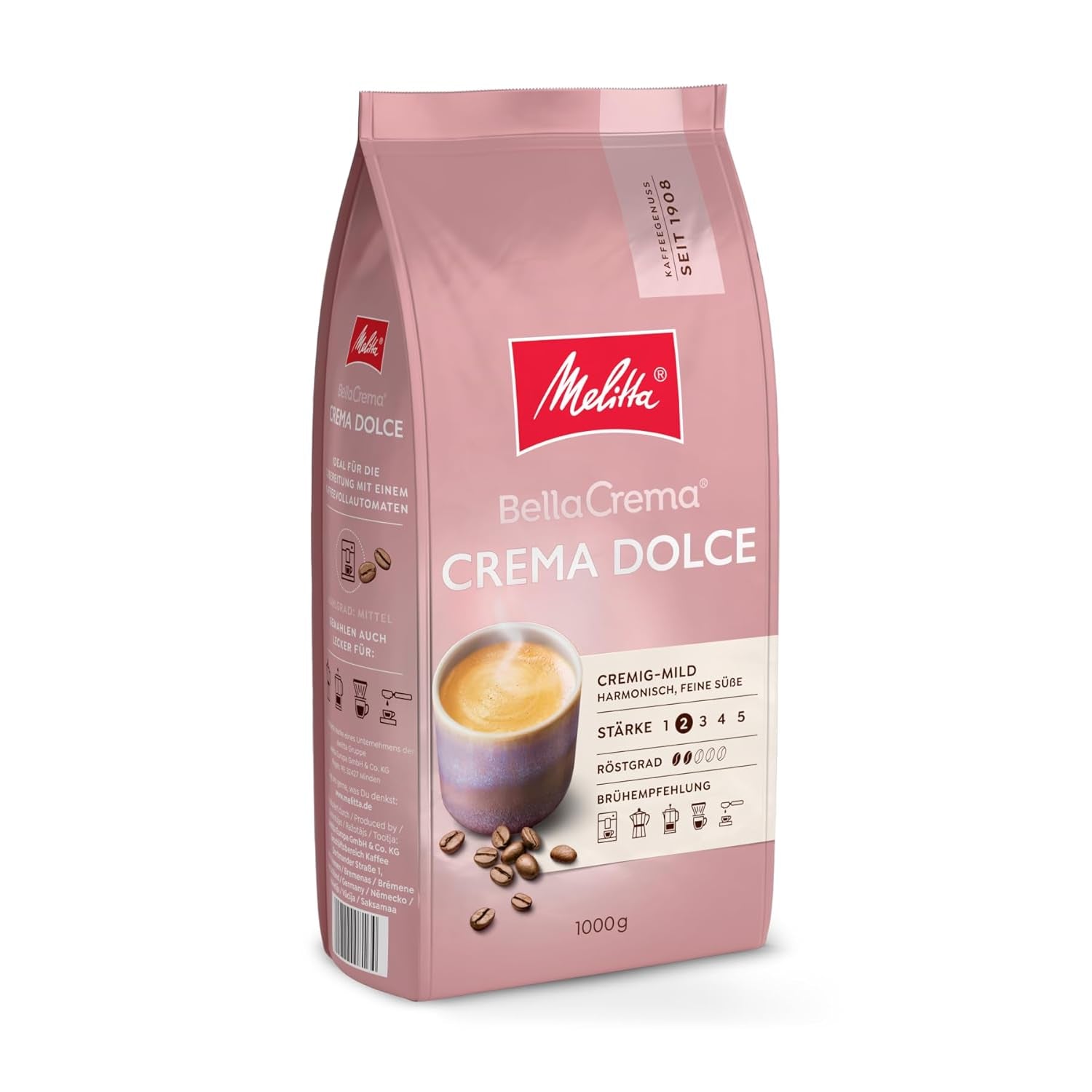 Melitta BellaCrema Crema Dolce grains de café 1 kg, non moulus, grains de café pour machines à café entièrement automatiques, légèrement torréfiés, torréfiés en Allemagne, intensité 2