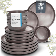 Service de table en grès pour 12 personnes, 36 pièces, style urbain, haute qualité, TRÈS BON TEST, service de table en grès - service de bols et d'assiettes - service de table pour 12 personnes, services de table Pure Living en gris-marron mat