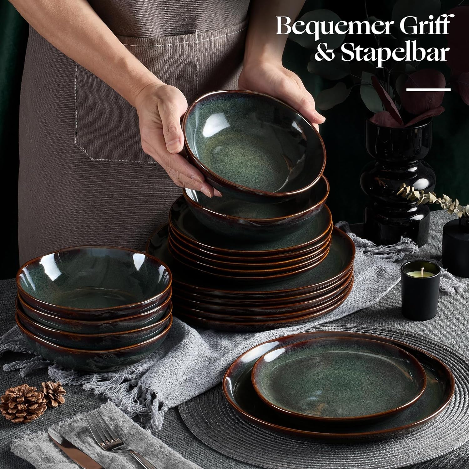 Service de table pour 6 personnes, 18 pièces, bols à céréales ronds irréguliers, assiettes à dessert, assiettes plates, résistant aux rayures, passe au micro-ondes, vert mousse réactif