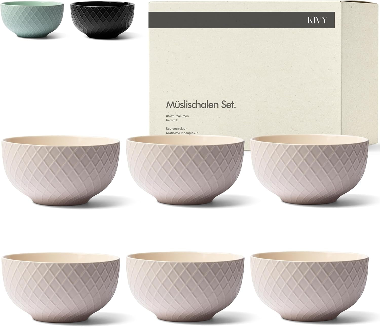 KIVY Ensemble de bols à céréales - 6 x 850 ml - Grands bols à soupe et à porridge - Bol à soupe - Bol - Bols à céréales - Bols à soupe - Ensemble de bols - Bol à céréales en céramique (Blanc crème, Bols)