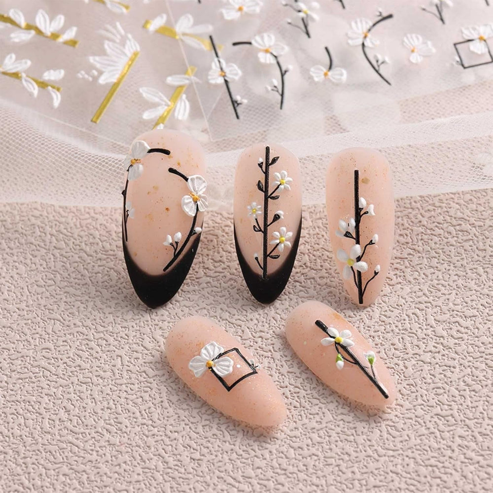 JMEOWIO Autocollants de manucure 3D pour ongles, fleurs, autocollants pour nail art, autocollants auto-adhésifs, bandes stéréoscopiques 5D, décoration de fleurs d'été, design de manucure, 4 feuilles