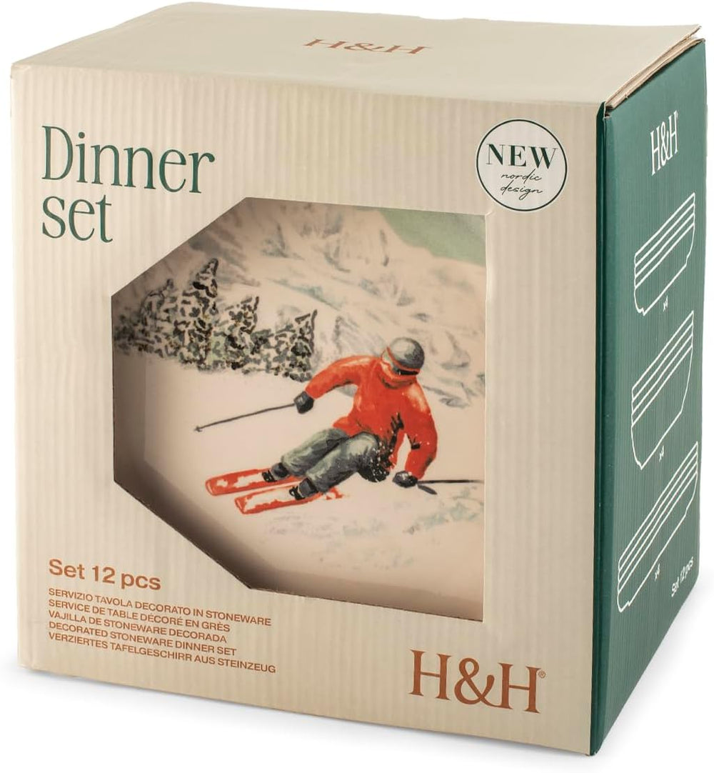 Winter Escape Service de table de Noël 12 pièces en grès – Design skieur d'hiver nordique – Passe au lave-vaisselle et au micro-ondes
