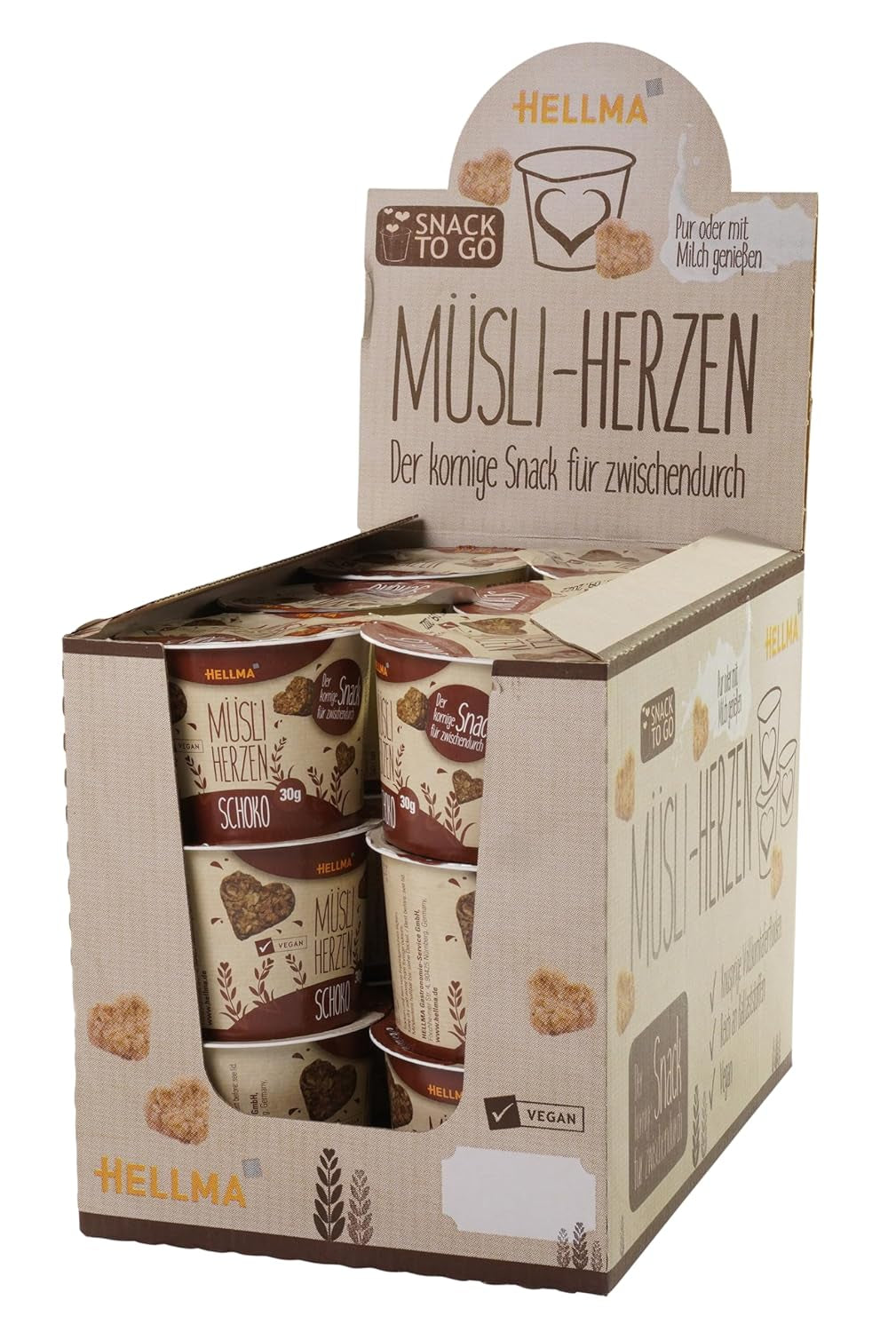 HELLMA Coeurs au Muesli et Chocolat - 18 portions de 30 g chacune - Gruau enrobé de chocolat en forme de coeur, verres à emporter
