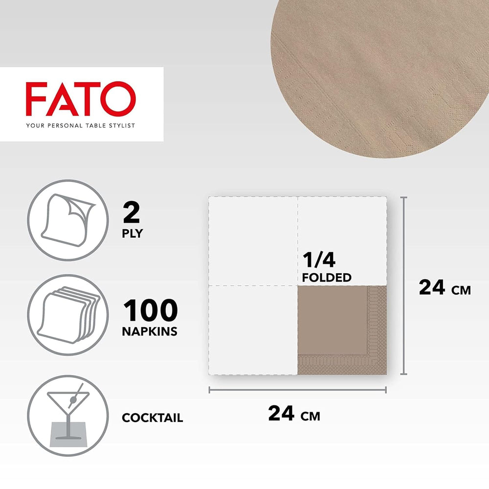 , Serviettes en papier jetables, Idéales pour l'apéritif et les cocktails, Paquet de 100 serviettes, Format 24X24 pliées en 4, 2 couches, Couleur Tourterelle, Papier 100% pure cellulose, certifié Fsc