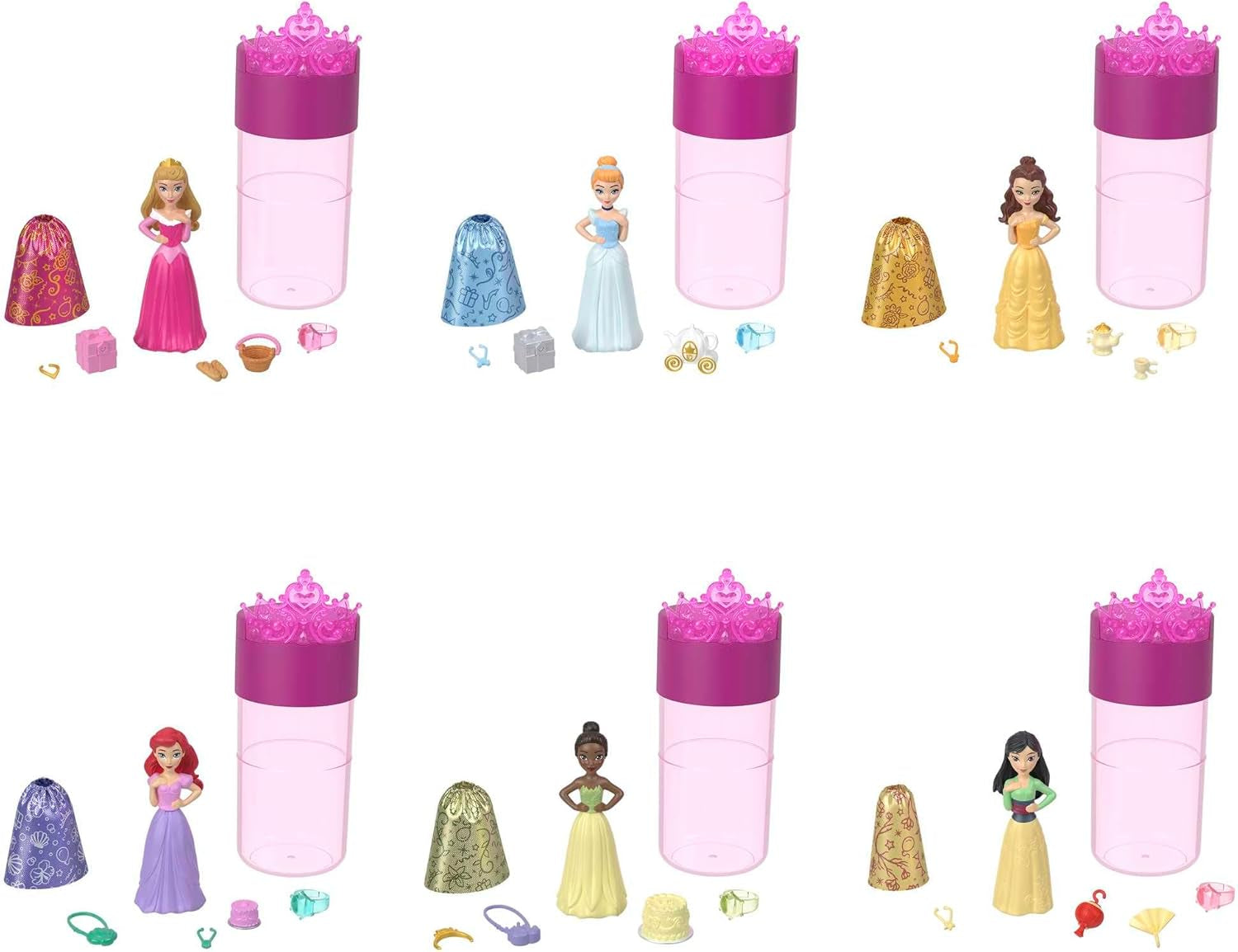 DISNEY PRINZESSIN Color Reveal-Puppen - 6 Überraschungen, Wasseraktiviert, Zubehör, für Kinder ab 3 Jahren, Arielle, Tiana, Mulan, Cinderella, Belle, Aurora, HPX39
