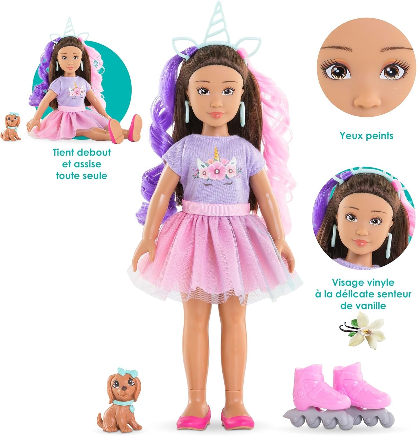 Corolle Girls Luna Einhorn Set, Ankleidepuppe mit Hund, Unicorn-Haarreif, Ohrringe und extra Inlineskates, Vanilleduft, 28cm, ab 4 Jahren