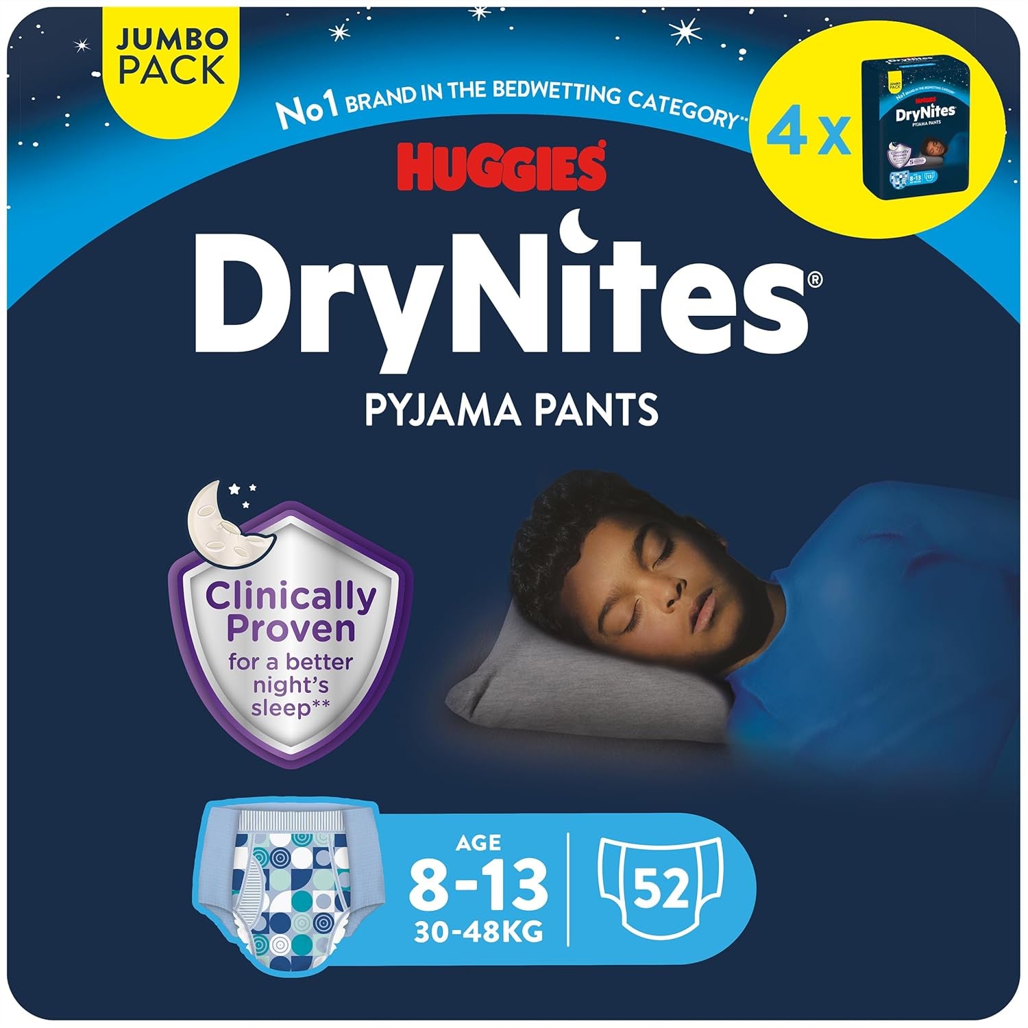 Huggies DryNites Couches mouillantes nocturnes super absorbantes pour garçons de 8 à 13 ans (30 à 48 kg) 27 couches (3 x 9 pièces)