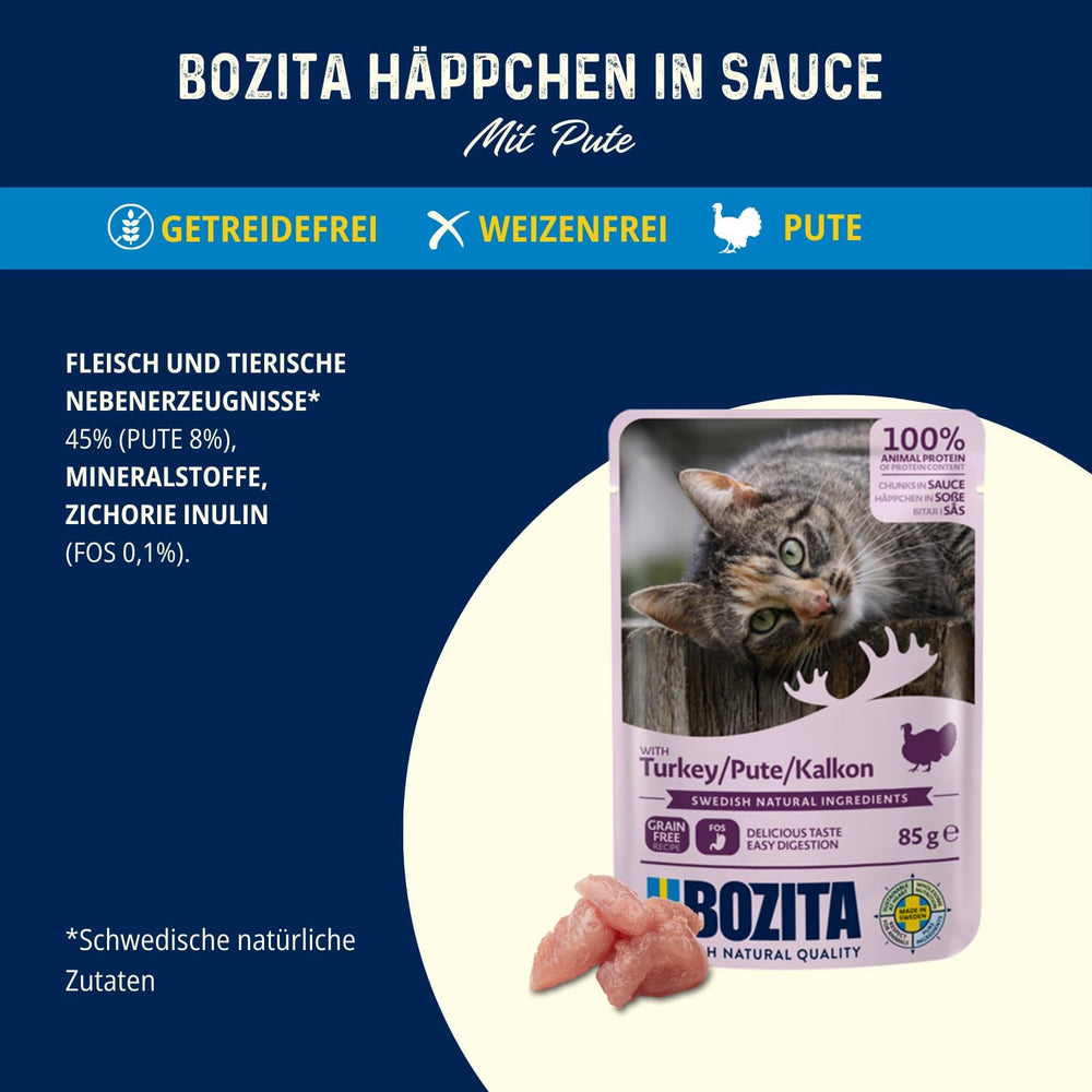 Bozita Pouch Nourriture humide avec morceaux en sauce et dinde – 12 sachets portions x 85 g de nourriture pour chat sans céréales ni blé – Nourriture humide pour chat adulte avec 8,5 % de protéines et 4,5 % de matières grasses
