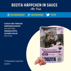 Bozita Pouch Nourriture humide avec morceaux en sauce et dinde – 12 sachets portions x 85 g de nourriture pour chat sans céréales ni blé – Nourriture humide pour chat adulte avec 8,5 % de protéines et 4,5 % de matières grasses