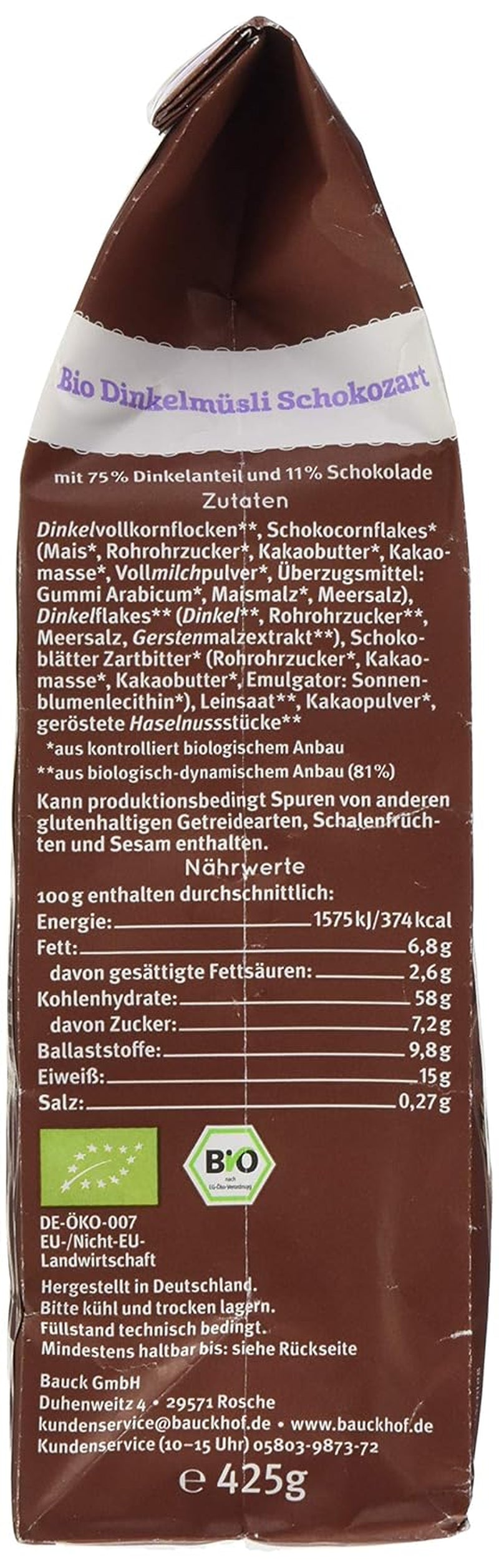 Bauck HOF Dinkelmüsli Schokozart, 425G (1Er Pack) Céréales Naty Shop
