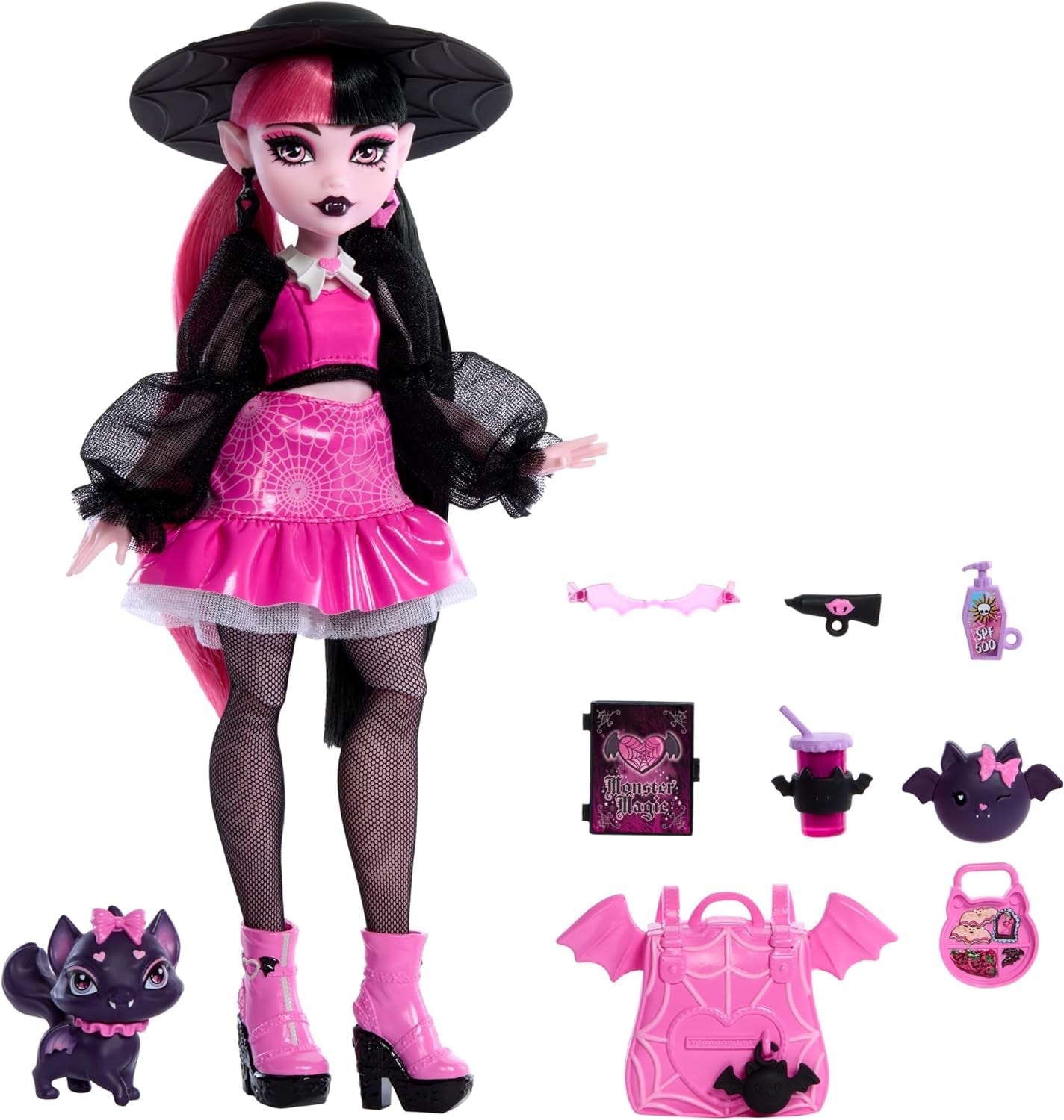 Poupée Monster High Draculaura avec son animal de compagnie Count Fabulous, chat chauve-souris et accessoires tels que sac à dos, livre de sorts, boîte à bento et plus encore, HRP64 Naty Shop Dolls