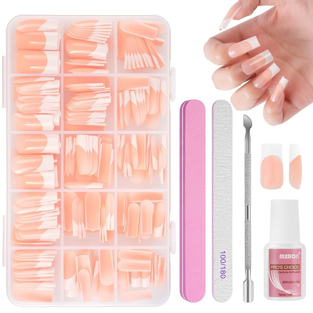 Lot de 240 faux ongles à pression française, 12 tailles, faux ongles avec colle pour femmes et hommes (blanc nu amande moyenne)