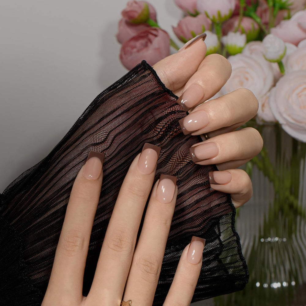 Faux ongles à pointe française courte – 30 pièces d'ongles noirs à coller sur des ongles carrés courts, faux ongles à pointe française avec colle, ensemble d'ongles artificiels carrés pour femme