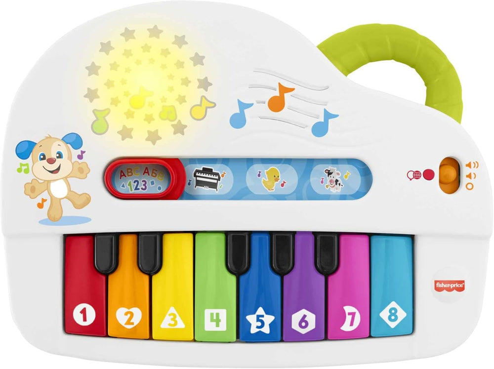 Fisher-Price Premier clavier pour bébé - piano jouet portable avec 4 options de lecture, chansons, lumières et sons, apprentissage ludique, version : UK-anglais, GFK04 Baby Toys Naty Shop Pas allemand - Multilingue