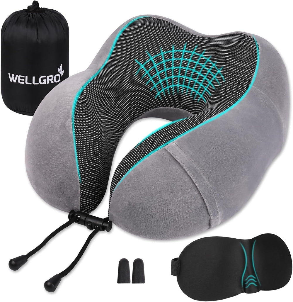 WELLGRO Ensemble d'oreillers cervicaux avec masque de sommeil 3D et bouchons d'oreille - Housse amovible - Mousse à mémoire de forme - Fermeture à glissière - Sac de rangement inclus - Oreiller de voyage - Couleur au choix, Couleur: Gris Oreillers orthopédiques cervicaux Naty Shop