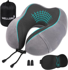 WELLGRO Ensemble d'oreillers cervicaux avec masque de sommeil 3D et bouchons d'oreille - Housse amovible - Mousse à mémoire de forme - Fermeture à glissière - Sac de rangement inclus - Oreiller de voyage - Couleur au choix, Couleur: Gris Oreillers orthopédiques cervicaux Naty Shop